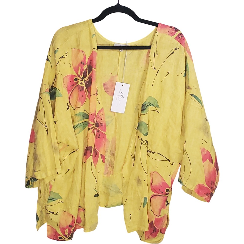 Claudia Collezioni Italy Yellow Floral Linen Cardigan XL NWT Art 3042 Lagenlook
